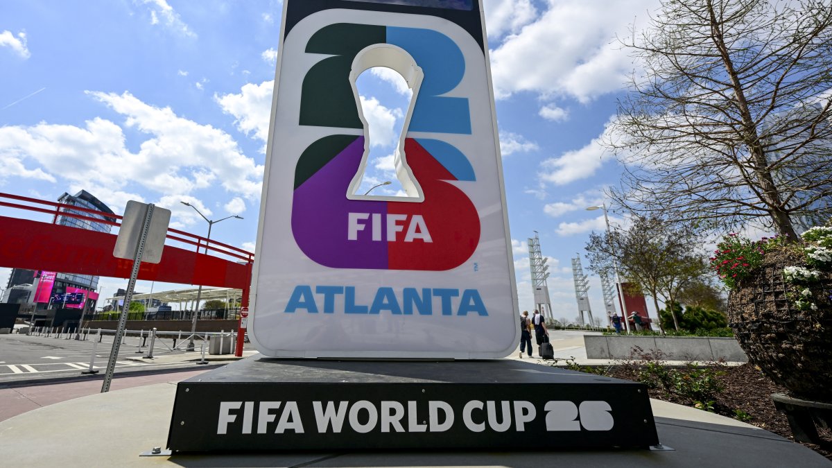 A 2026 FIFA World Cup logo is pictured in Atlanta, United States, March 27, 2026. (AFP Photo)