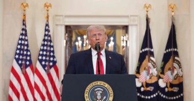 U.S. President Donald Trump speaks during a televised address on the conflict in the Middle East from the Cross Hall of the White House in Washington, D.C., U.S., April 1, 2026. (AFP Photo)
