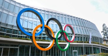 Olympic rings are pictured outside the International Olympic Committee (IOC) during an Executive Board meeting at the Olympic House, Lausanne, Switzerland, March 26, 2026. (Reuters Photo)