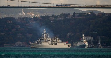 The frigate TCG Istanbul sails during a naval parade in the Bosporus, Istanbul, Türkiye, Sept. 27, 2025. (AP Photo)