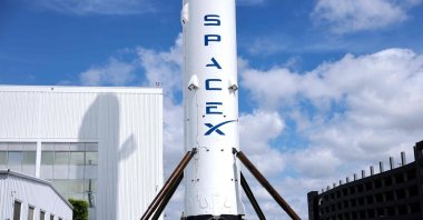 A SpaceX Falcon 9 rocket is displayed at a SpaceX facility in Hawthorne, California, U.S., April 2, 2026. (AFP Photo)