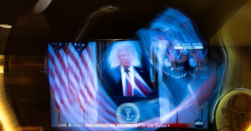 U.S. President Donald Trump makes a national address on television at Brooklyn Diner Times Square, New York City, U.S., April 1, 2026. (AFP Photo)