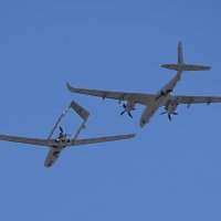 The Bayraktar TB2 (bottom) and Akıncı combat drones fly over Edirne, northwestern Türkiye, March 26, 2026. (AA Photo)