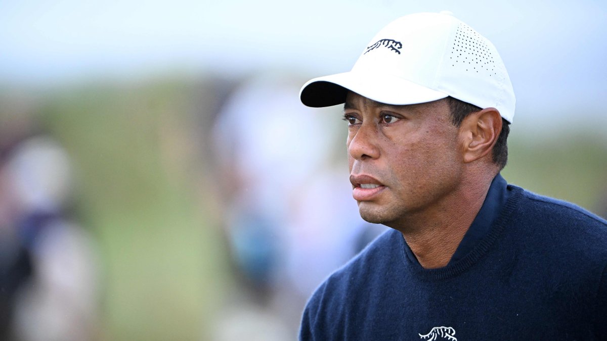 U.S. golfer Tiger Woods reacts after driving from the 4th tee during his second round, on day two of the 152nd British Open Golf Championship at Royal Troon, Scotland, July 19, 2024. (AFP Photo)