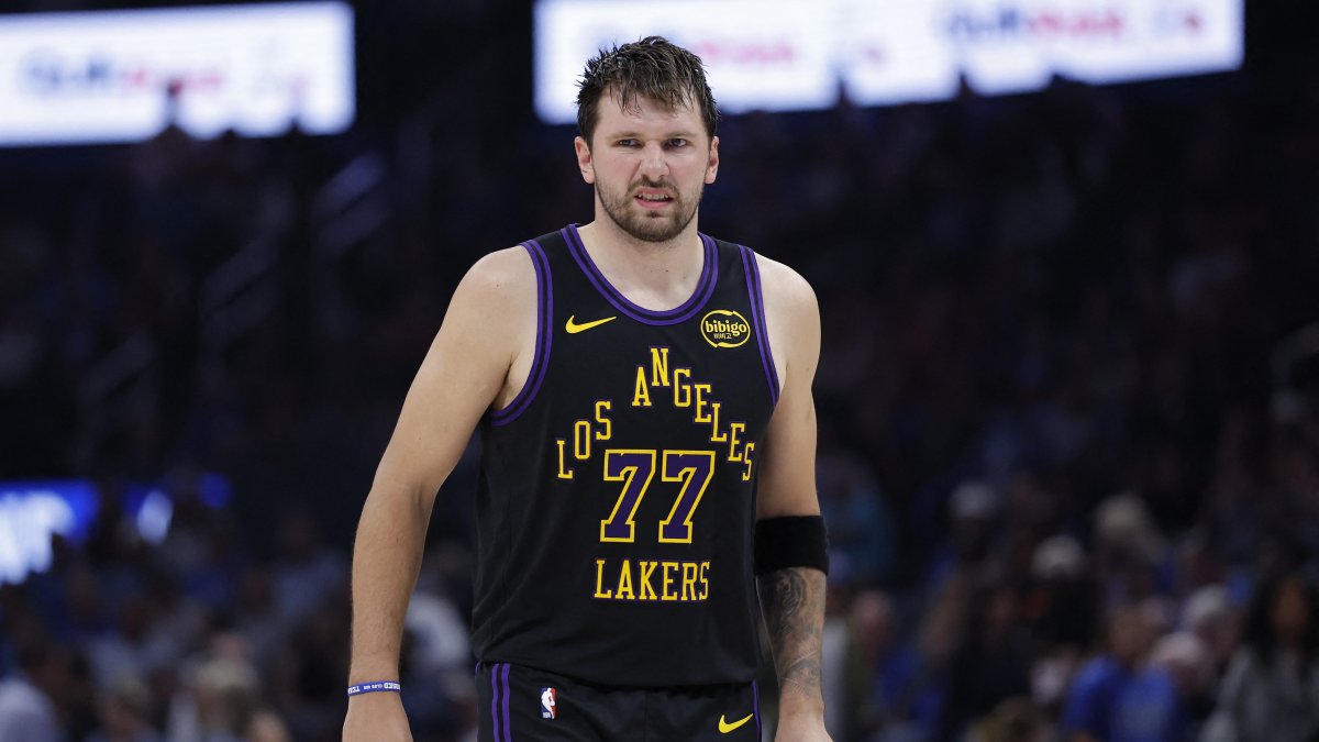 Los Angeles Lakers guard Luka Doncic reacts after a play against the Oklahoma City Thunder during the second half at Paycom Center, Oklahoma City, U.S., April 2, 2026. (Reuters Photo)