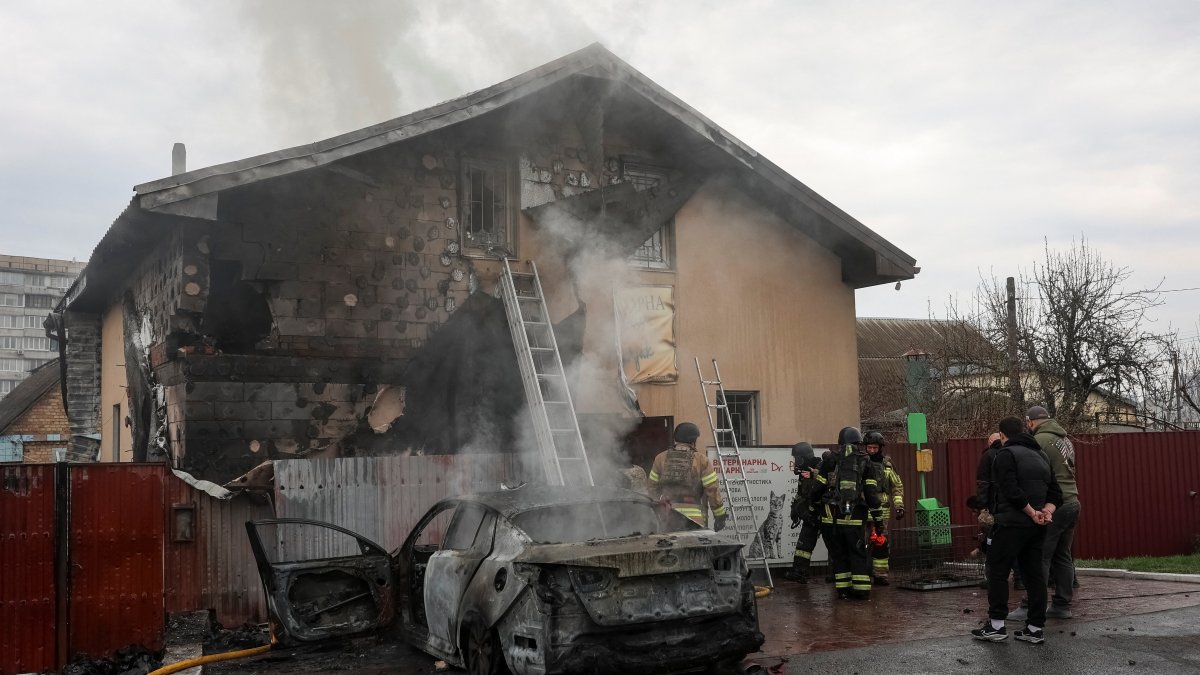Firefighters work at a site of a veterinary clinic damaged by a Russian drone strike, amid Russia's attack on Ukraine, in Kyiv region, Ukraine April 3, 2026. REUTERS/Anatolii Stepanov
