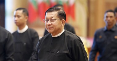 Myanmar military Commander-in-Chief Senior General Min Aung Hlaing during a ceremony to mark the one-year anniversary of the earthquake at the Myanmar International Convention Center (MICC), Naypyitaw, Myanmar, March 28, 2026. (EPA Photo)