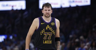 Los Angeles Lakers guard Luka Doncic reacts after a play against the Oklahoma City Thunder during the second half at Paycom Center, Oklahoma City, U.S., April 2, 2026. (Reuters Photo)