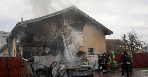 Firefighters work at a site of a veterinary clinic damaged by a Russian drone strike, amid Russia's attack on Ukraine, in Kyiv region, Ukraine April 3, 2026. REUTERS/Anatolii Stepanov