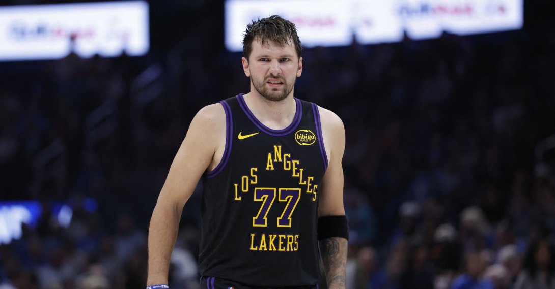 Los Angeles Lakers guard Luka Doncic reacts after a play against the Oklahoma City Thunder during the second half at Paycom Center, Oklahoma City, U.S., April 2, 2026. (Reuters Photo)