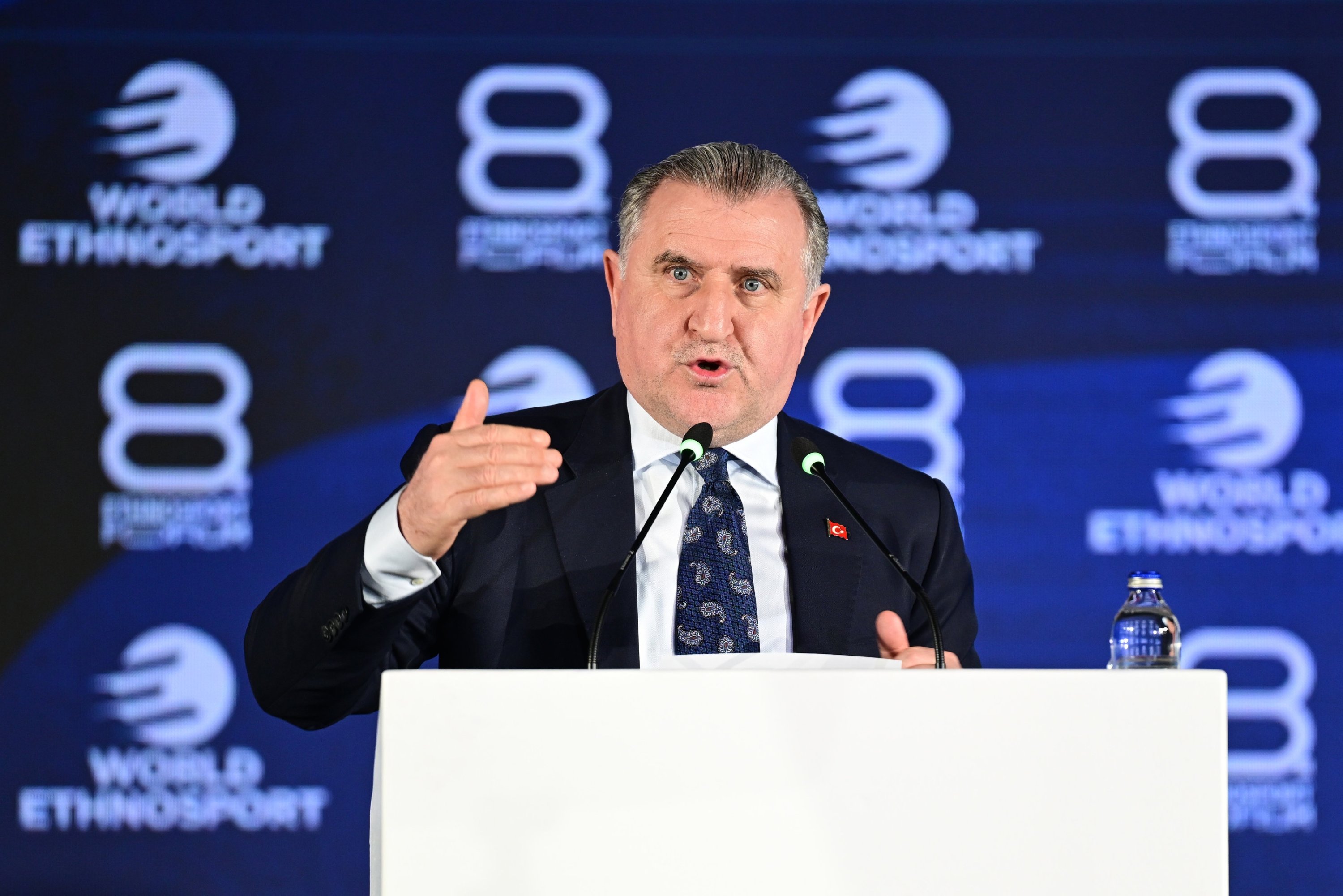 Youth and Sports Minister Osman Aşkın Bak speaks during the 8th Ethnosport Forum, Antalya, Türkiye, April 4, 2026. (AA Photo)
