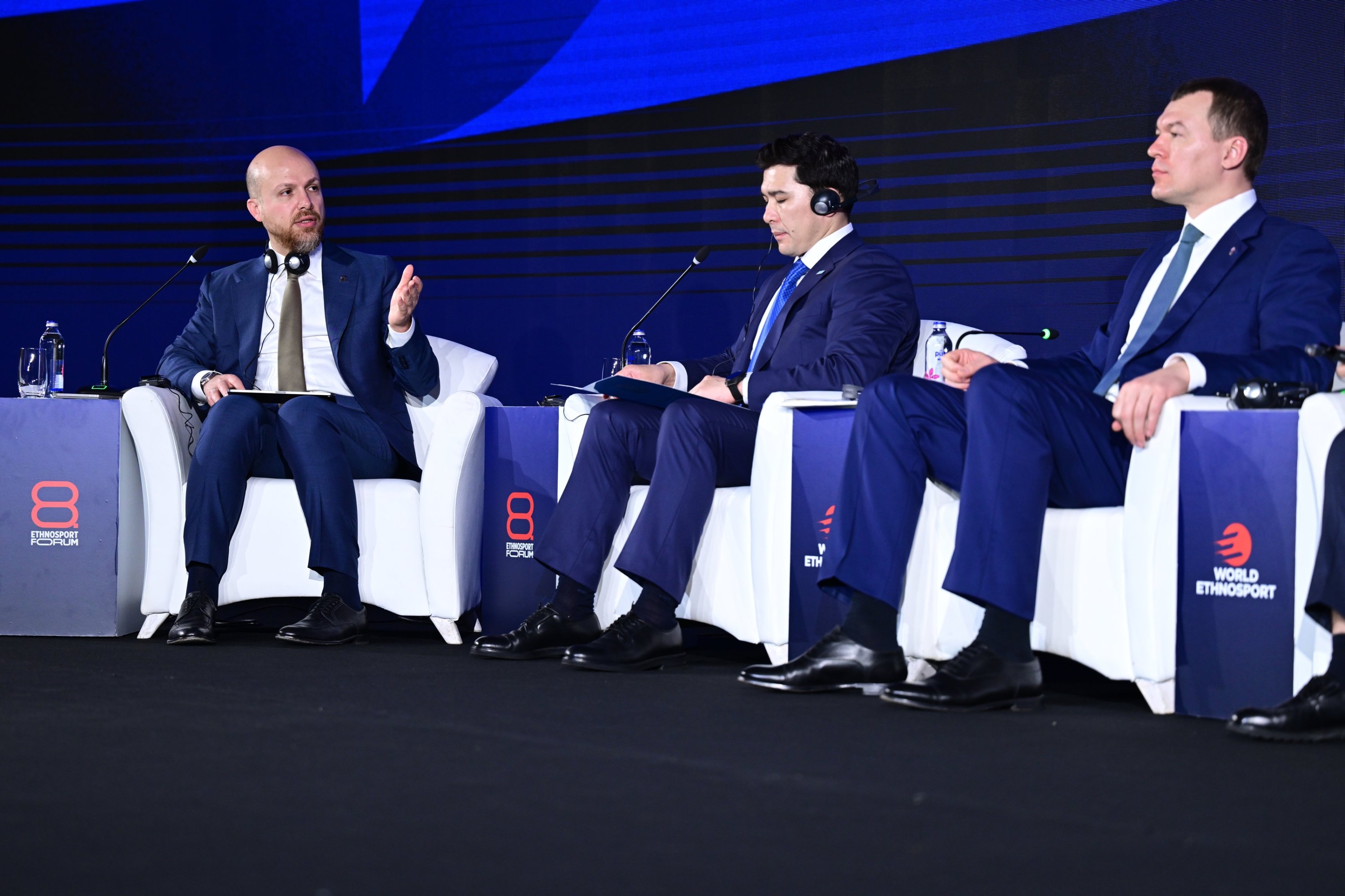 World Ethnosports Union President Bilal Erdoğan (L) facilitates a ministerial panel during the 8th Ethnosport Forum, Antalya, Türkiye, April 4, 2026. (AA Photo)