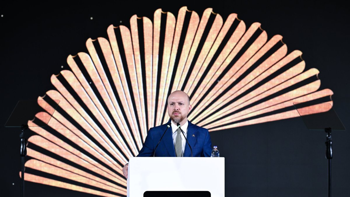 World Ethnosports Union President Bilal Erdoğan speaks during the 8th Ethnosport Forum, Antalya, Türkiye, April 4, 2026. (AA Photo)