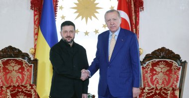 President Tayyip Erdoğan and Ukrainian President Volodymyr Zelenskyy shake hands as they meet in Istanbul, Türkiye, April 4, 2026. (Reuters Photo)