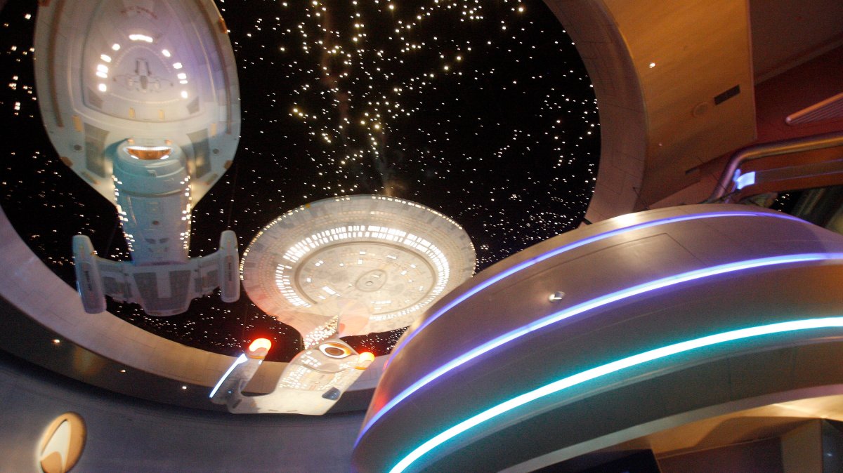 Model ships hang at the entrance to the Star Trek Experience at the Las Vegas Hilton, Las Vegas, U.S., Aug. 25, 2008. (AP Photo)
