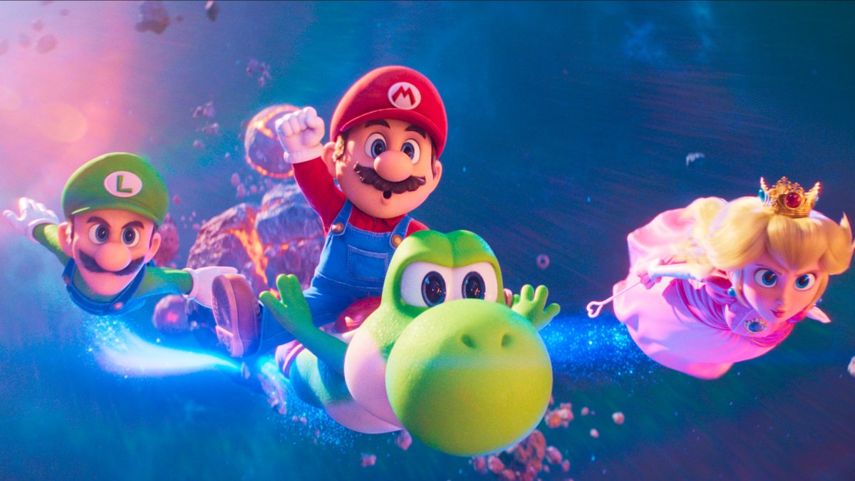 This image released by Universal Pictures shows (from left to right) Luigi, Mario, Yoshi and Princess Peach in a scene from "The Super Mario Galaxy Movie." (AP Photo)