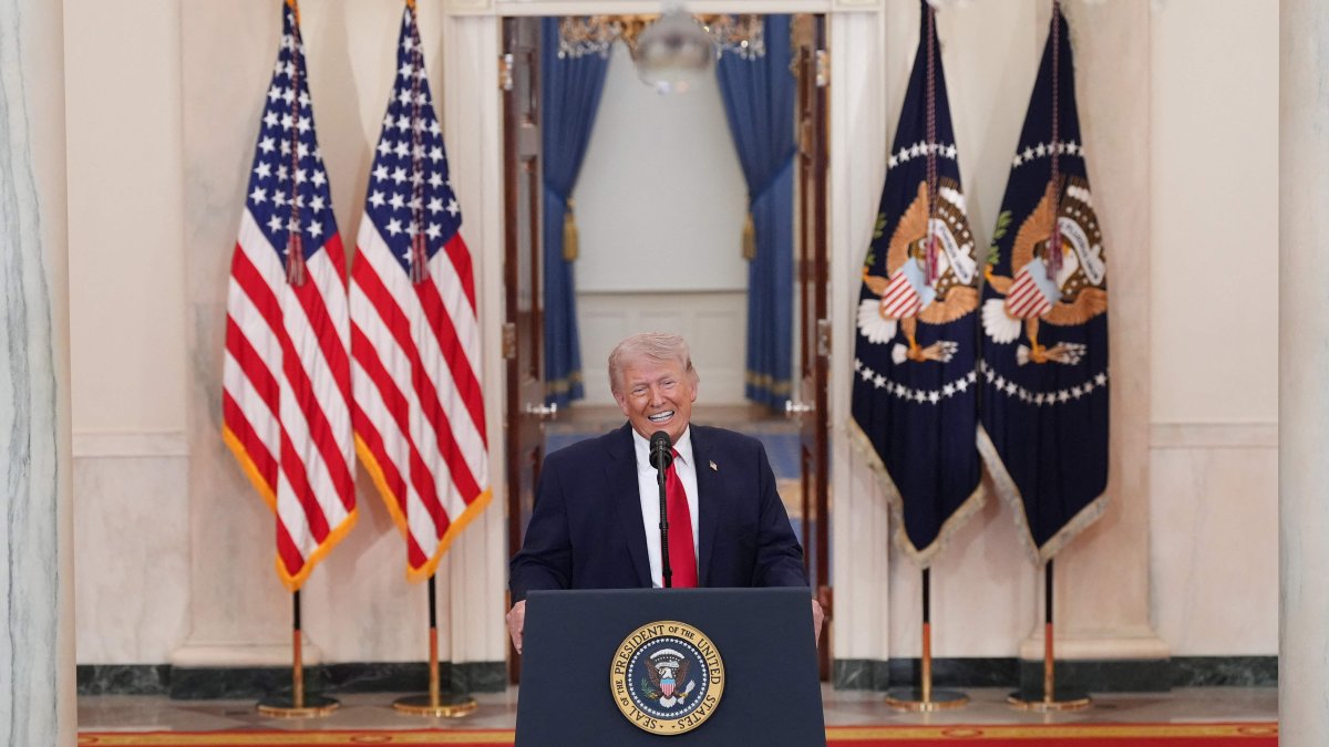 U.S. President Donald Trump speaks during a televised address on the conflict in the Middle East from the Cross Hall of the White House in Washington, DC, U.S., April 1, 2026. (AFP Photo)