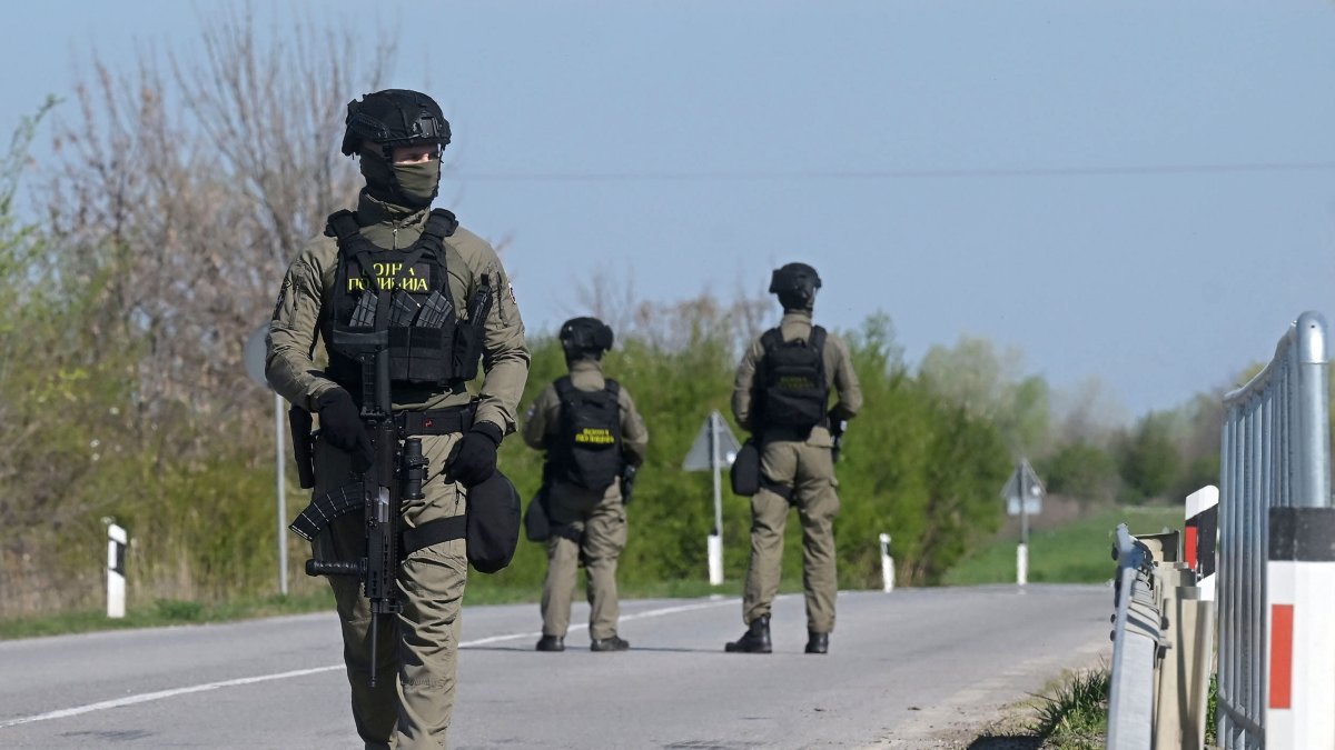Serbian Military Police officers block the road after a large cache of explosives was discovered near the international Turkstream gas pipeline connecting Serbia and Hungary, near Kanjiza, Serbia, April 5, 2026. (EPA Photo)