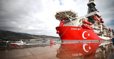 Türkiye's Çağrı Bey drillship is seen at a port, Mersin, southern Türkiye, Feb. 14, 2026. (AA Photo)