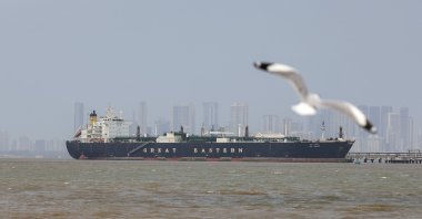 The Indian-flagged carrier Jag Vasant, carrying liquefied petroleum gas (LPG) via the Strait of Hormuz, arrives at Mumbai Port, Mumbai, India, April 1, 2026. (EPA Photo)