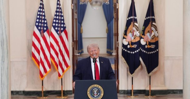 U.S. President Donald Trump speaks during a televised address on the conflict in the Middle East from the Cross Hall of the White House in Washington, DC, U.S., April 1, 2026. (AFP Photo)