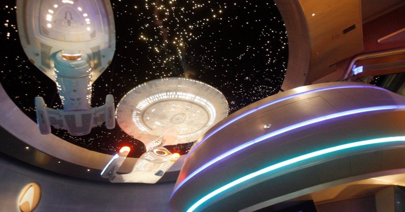 Model ships hang at the entrance to the Star Trek Experience at the Las Vegas Hilton, Las Vegas, U.S., Aug. 25, 2008. (AP Photo)