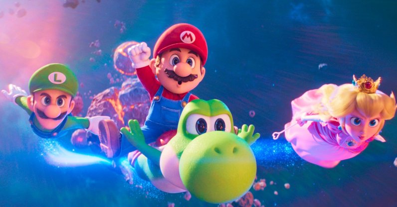 This image released by Universal Pictures shows (from left to right) Luigi, Mario, Yoshi and Princess Peach in a scene from "The Super Mario Galaxy Movie." (AP Photo)