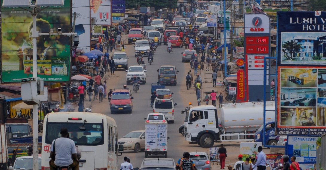A GASO Petroleum Limited signage displays prices of petrol and diesel near a street, Tema, Ghana, April 1, 2026. (Reuters Photo)