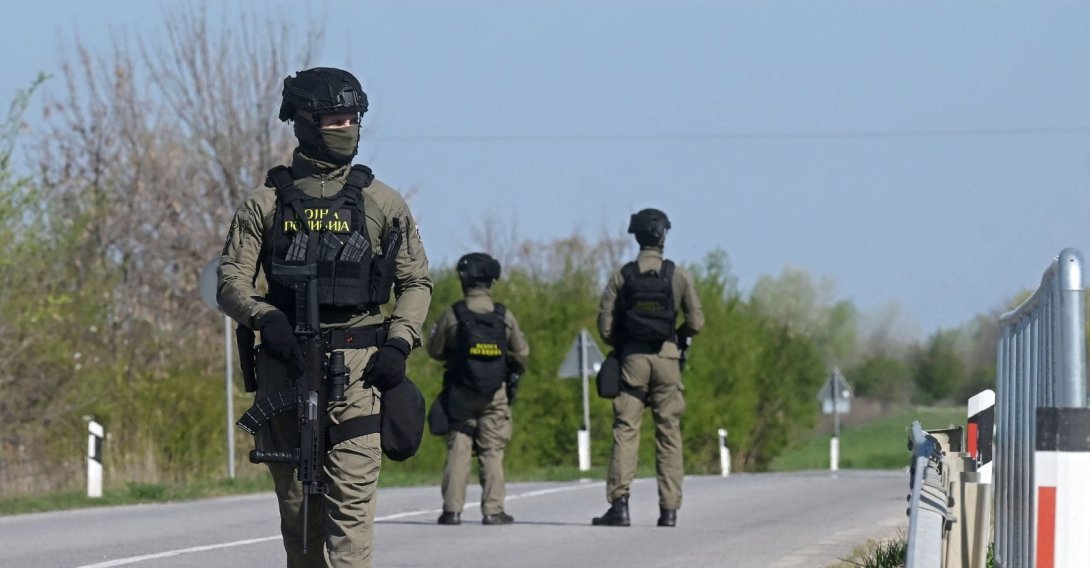 Serbian Military Police officers block the road after a large cache of explosives was discovered near the international Turkstream gas pipeline connecting Serbia and Hungary, near Kanjiza, Serbia, April 5, 2026. (EPA Photo)