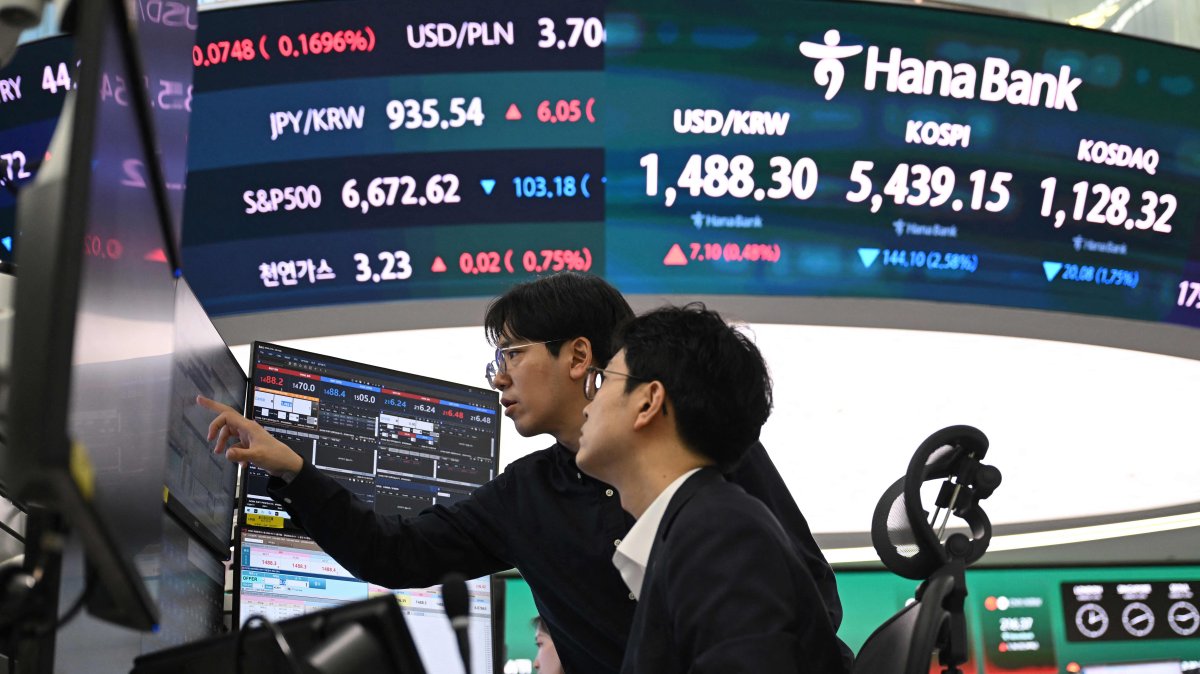 Currency dealers monitor exchange rates as an electronic screen shows South Korea's benchmark stock index (KOSPI) in a foreign exchange dealing room at the Hana Bank headquarters in Seoul, South Korea, March 13, 2026. (AFP Photo)