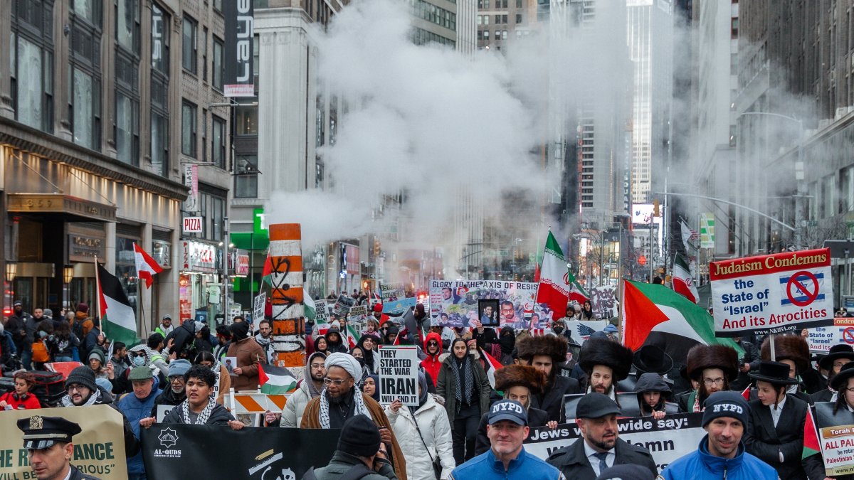 People march during a protest against military actions in Iran and Palestine, New York, U.S., March 13, 2026. (EPA Photo)
