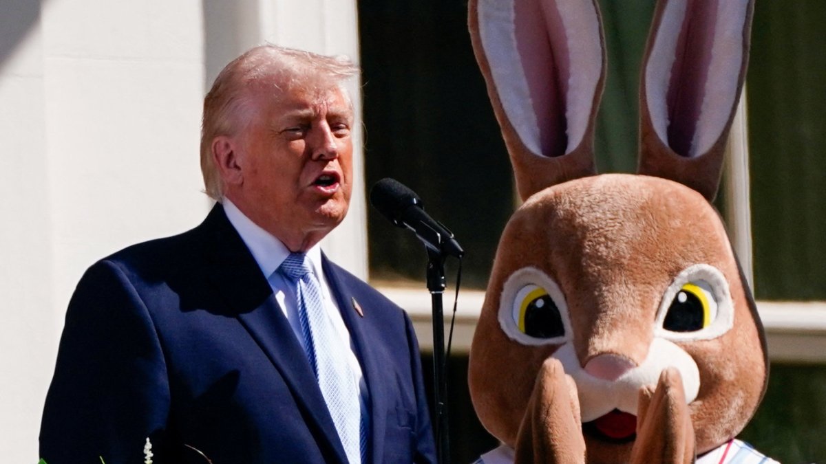 U.S. President Donald Trump, standing next to the Easter Bunny, speaks the 2026 White House Easter Egg Roll at the White House in Washington, D.C., U.S., April 6, 2026. (Reuters Photo)