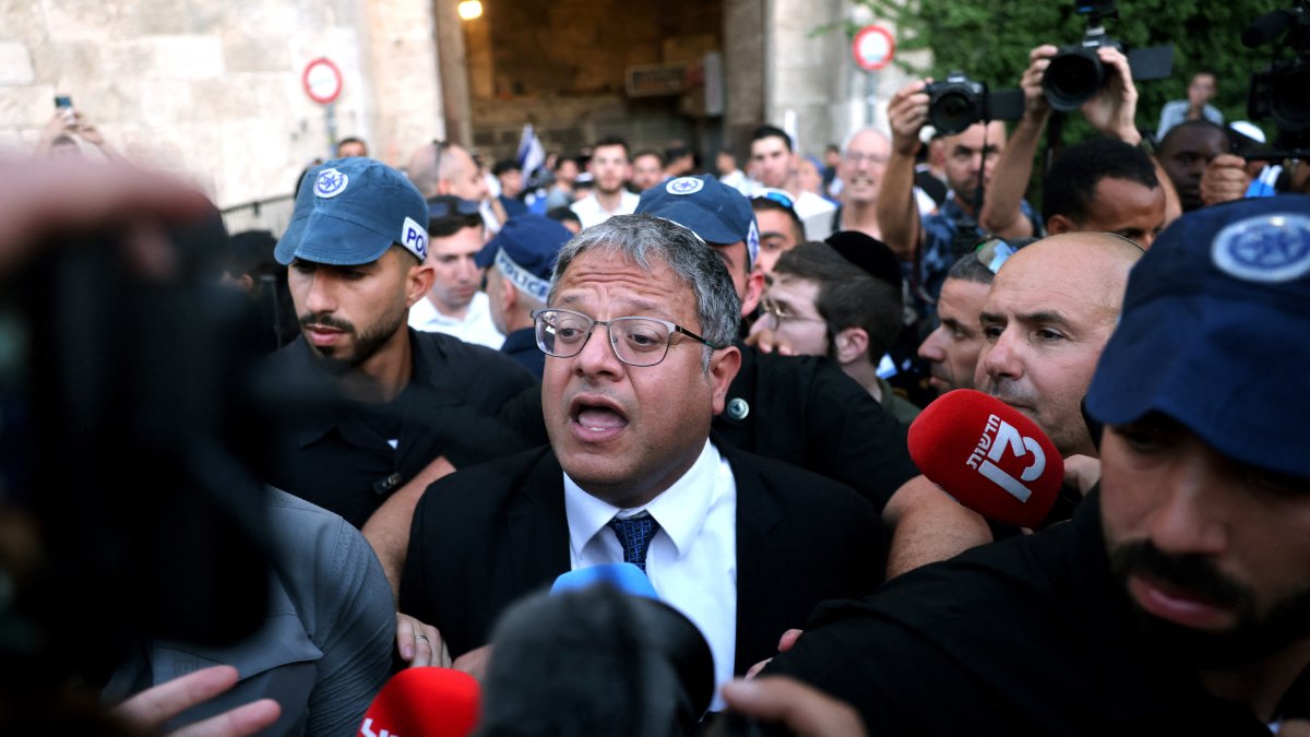 Israel's National Security Minister Itamar Ben-Gvir speaks to the press as he joins Jewish nationalists, including far-right activists, rallying at Jerusalem's Damascus Gate, June 5, 2024. (AFP File photo)