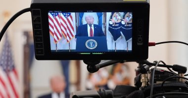 U.S. President Donald Trump speaks about the Iran war from the Cross Hall in the White House, Washington, U.S., April 1, 2026. (EPA Photo)
