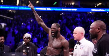 Boxer Deontay Wilder celebrates winning against Derek Chisora in a fight, London, U.K., April 4, 2026. (AP Photo)