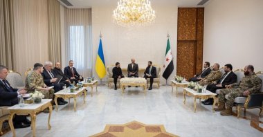 Syrian President Ahmed al-Sharaa (R) meets with Ukrainian President Volodymyr Zelenskyy during an official visit, Damascus, Syria, April 5, 2026. (IHA Photo)