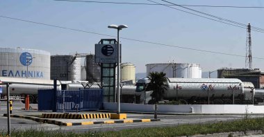 Tanker trucks are parking at the Hellenic Petroleum oil refinery, Thessaloniki, northern Greece, March 11, 2026. (AFP Photo)
