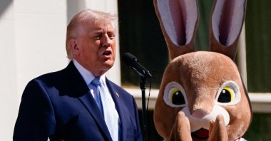 U.S. President Donald Trump, standing next to the Easter Bunny, speaks the 2026 White House Easter Egg Roll at the White House in Washington, D.C., U.S., April 6, 2026. (Reuters Photo)