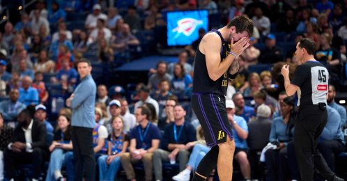 Los Angeles Lakers' Luka Doncic reacts after a play during the second half against the Oklahoma City Thunder at the Paycom Center, Oklahoma City, U.S., April 2, 2026. (AFP Photo)