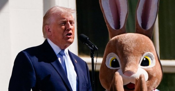 U.S. President Donald Trump, standing next to the Easter Bunny, speaks the 2026 White House Easter Egg Roll at the White House in Washington, D.C., U.S., April 6, 2026. (Reuters Photo)