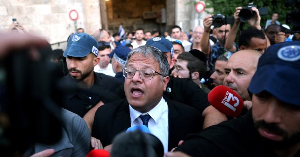 Israel's National Security Minister Itamar Ben-Gvir speaks to the press as he joins Jewish nationalists, including far-right activists, rallying at Jerusalem's Damascus Gate, June 5, 2024. (AFP File photo)
