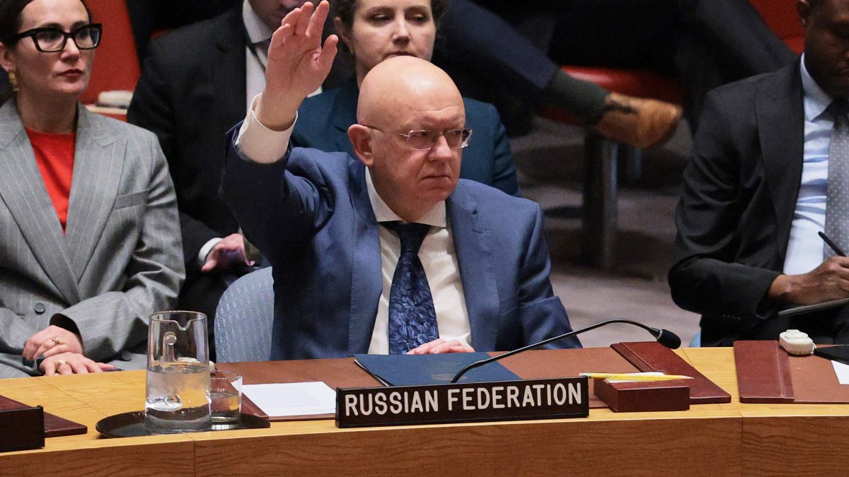 Ambassador Vassily Nebenzia, Permanent Representative of the Russian Federation to the U.N., votes "No" on a draft resolution during a U.N. Security Council meeting regarding the situation in the Middle East, New York City, U.S., April 7, 2026. (AFP Photo)