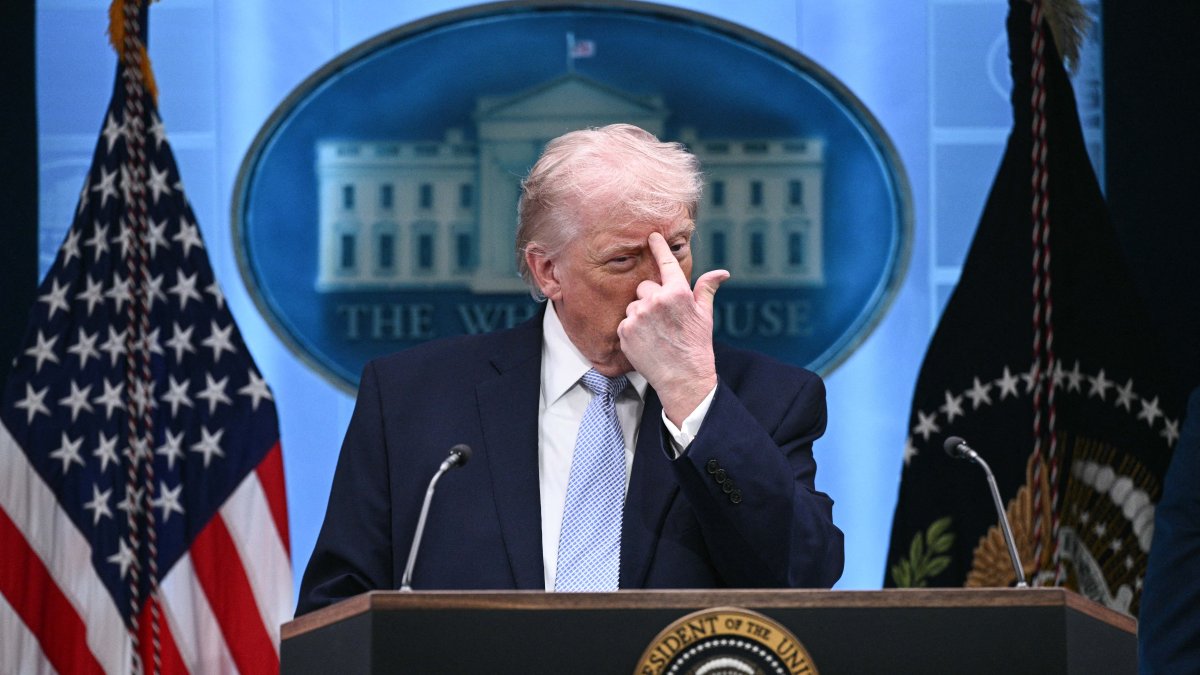 U.S. President Donald Trump gestures as he speaks about the conflict in Iran in the James S. Brady Press Briefing Room of the White House, April 6, 2026, in Washington, D.C. (AFP Photo)