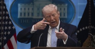 Donald Trump gestures during a media briefing at the White House, Washington D.C., U.S. April 7, 2026.