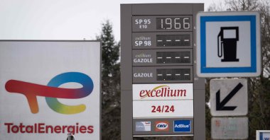A price sign shows with three out of four types of oil marked as out of stock at a TotalEnergies gas station, Lutterbach, France, April 1, 2026. (AFP Photo)
