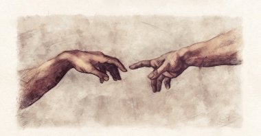 Hands reaching, digitally illustrated in the style of Renaissance sketches. (Shutterstock Photo)
