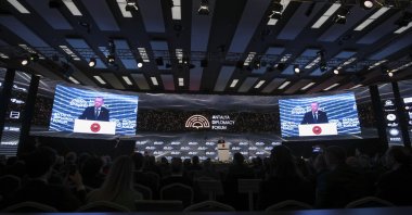 President Recep Tayyip Erdoğan speaks during the opening ceremony of the Antalya Diplomacy Forum, Antalya, Türkiye, March 11, 2022. (AP Photo)