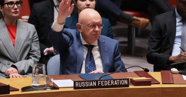Ambassador Vassily Nebenzia, Permanent Representative of the Russian Federation to the U.N., votes "No" on a draft resolution during a U.N. Security Council meeting regarding the situation in the Middle East, New York City, U.S., April 7, 2026. (AFP Photo)