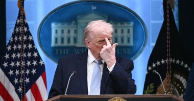 U.S. President Donald Trump gestures as he speaks about the conflict in Iran in the James S. Brady Press Briefing Room of the White House, April 6, 2026, in Washington, D.C. (AFP Photo)