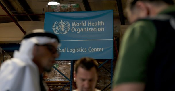 The World Health Organization (WHO) workers seen at the Dubai Humanitarian warehouse in Dubai, United Arab Emirates, April 1, 2026. (EPA Photo)